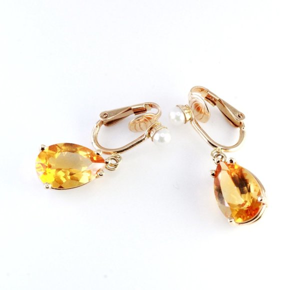 14K Gold Vintage Citrine Pearl Retro Clip Earrings - Picture 3 of 8